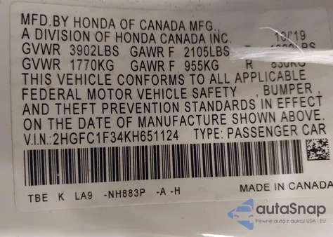 2019 Honda Civic Ex из США, поврежденный, VIN 2HGFC1F34KH651124